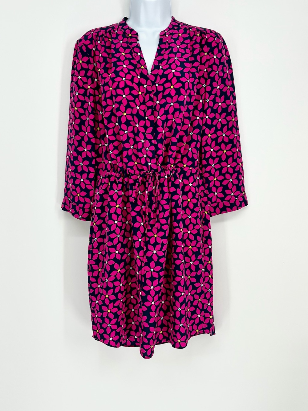 Diane von Furstenberg DVF 100% Silk Pink Blue Floral Tile Drawstring Dress 10
